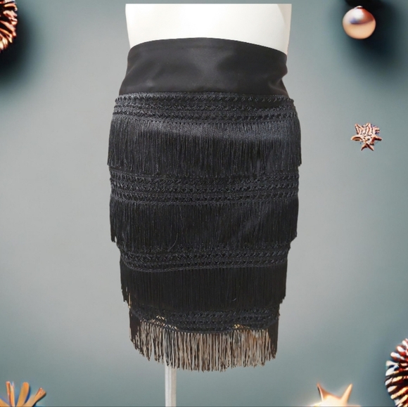 Express Black Event Fringe Skirt Sz 10 - Picture 1 of 9